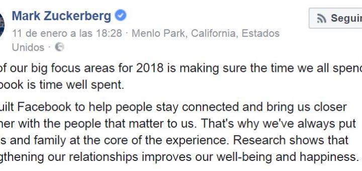 Mensaje Mark Zuckerberg anunciando cambios en el algoritmo de Facebook