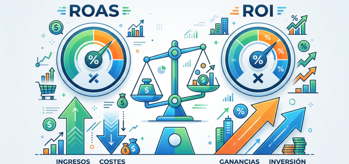 Infographic labeled ROAS and ROI, with scales, percentage gauges, arrows, and text INGRESOS, COSTES, GANANCIAS, INVERSIÓN