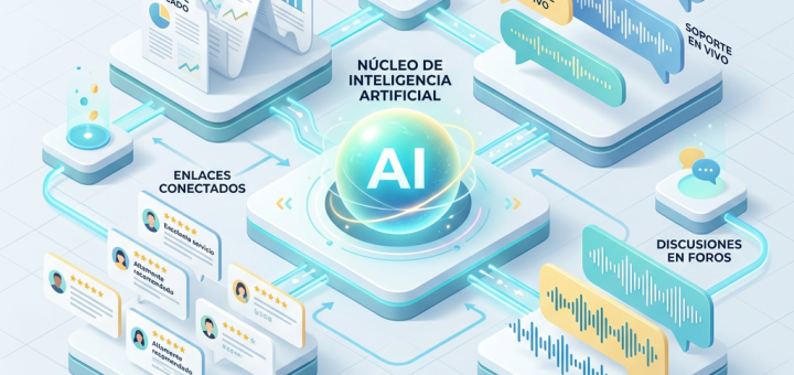 Diagrama del núcleo de inteligencia artificial conectado con documentos, conversaciones, reseñas y soporte.