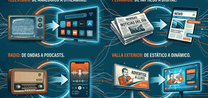 Infografía sobre televisión, periódico, radio y valla exterior: de analógico a digital