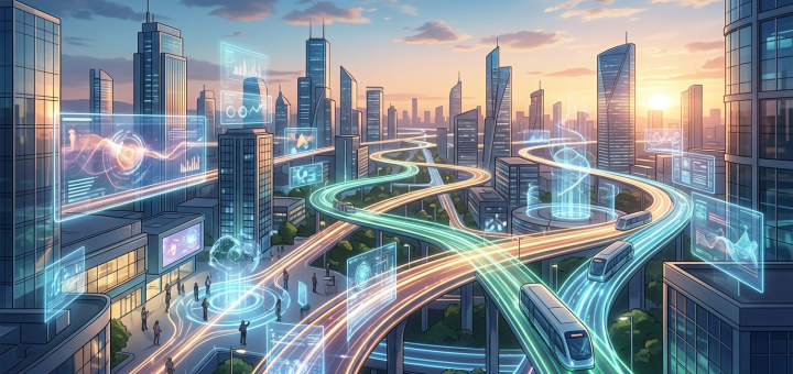 Futuristic city with glowing elevated transit routes and digital displays