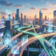 Futuristic city with glowing elevated transit routes and digital displays
